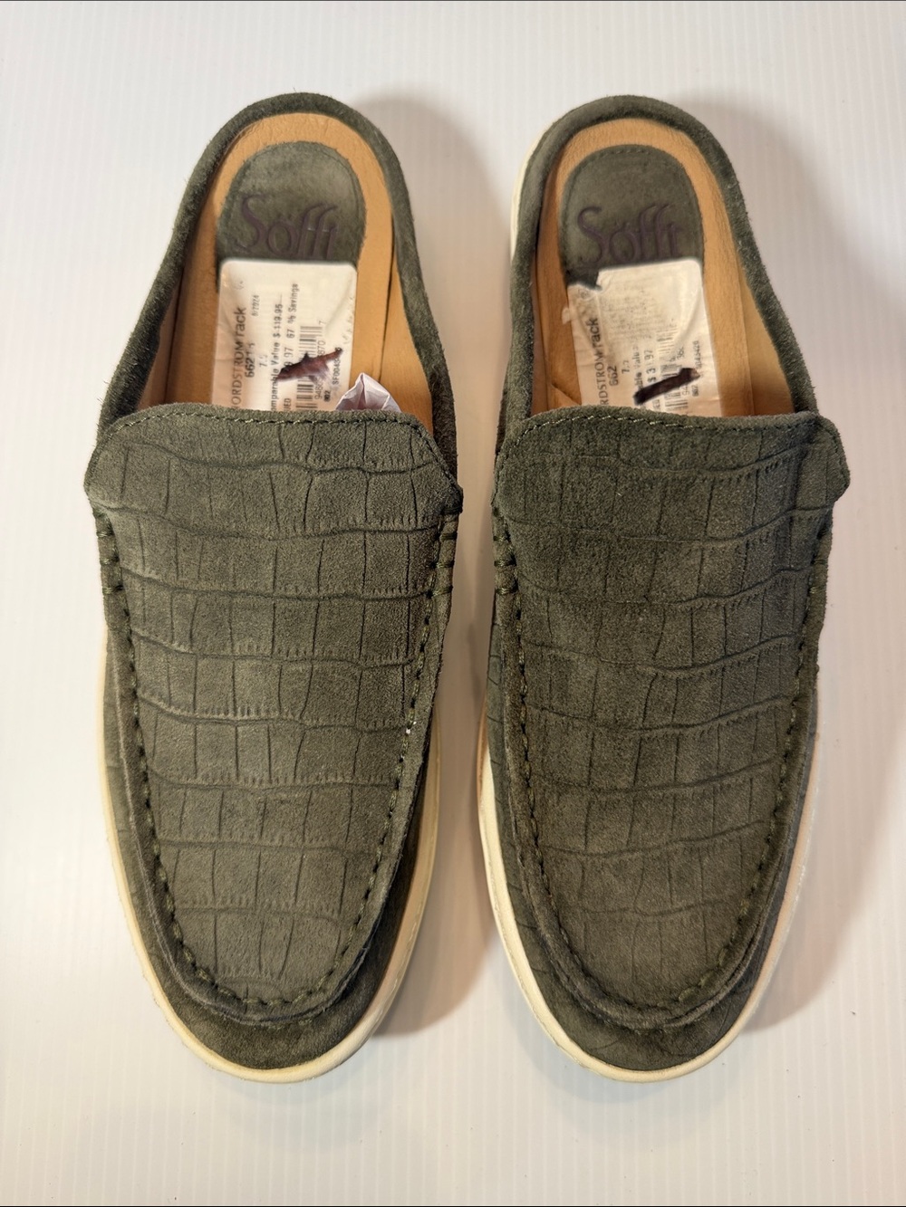 Sofft Olive Croc-Embossed Slip-On Loafers, size 7.5